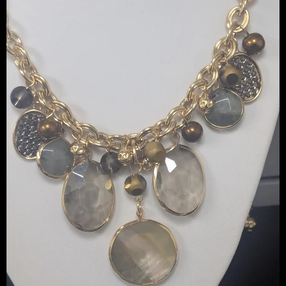 Gold Tone Agate Statement Necklace Stone Drop Collar Necklace Adjustable 16–20" - Picture 3 of 5